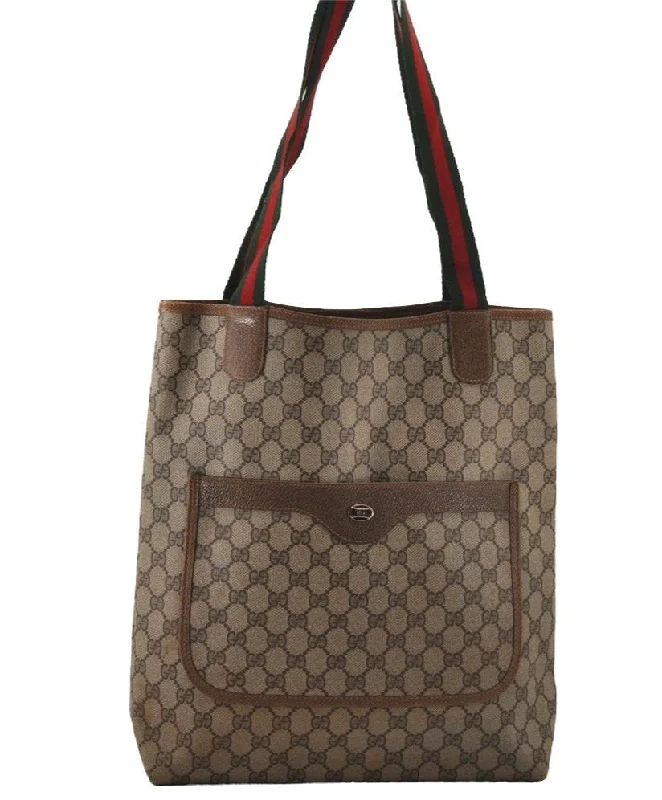 Women Gucci bags with a snap - button closure and a decorative charmAuthentic GUCCI Web Sherry Line Shoulder Tote Bag GG PVC Leather Brown 6604J